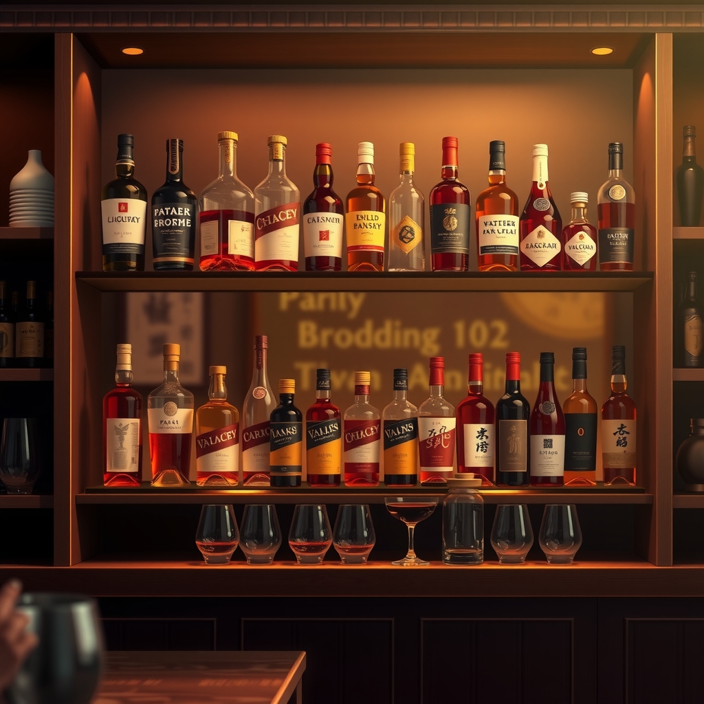 shelf with alcoholic beverages in bar setting by Free AI Image Generator & Maker - No login required✨ | AIGAZOU