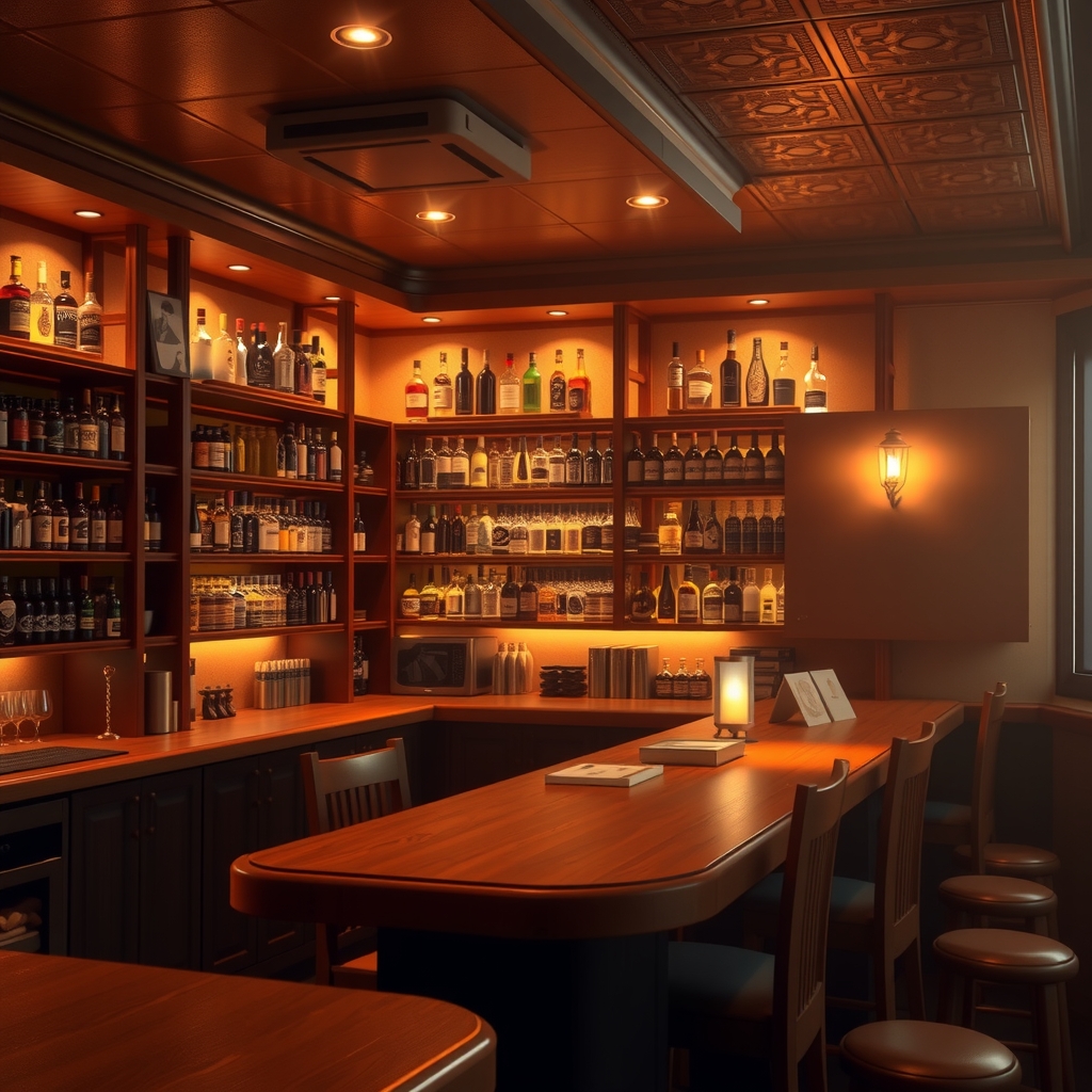 cozy tranquil bar interior warm inviting atmosphere soft lighting wooden counter shelves bottles warm tones browns amber hues depth calm by Free AI Image Generator & Maker - No login required✨ | AIGAZOU
