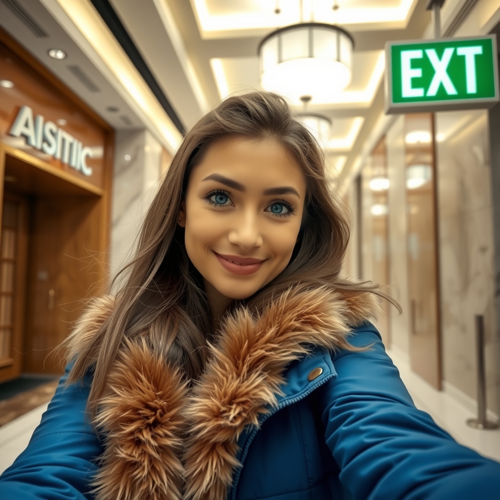 woman blue jacket brown fur vest selfie indoors long natural hair subtle smile luxurious background by Free AI Image Generator & Maker - No login required✨ | AIGAZOU