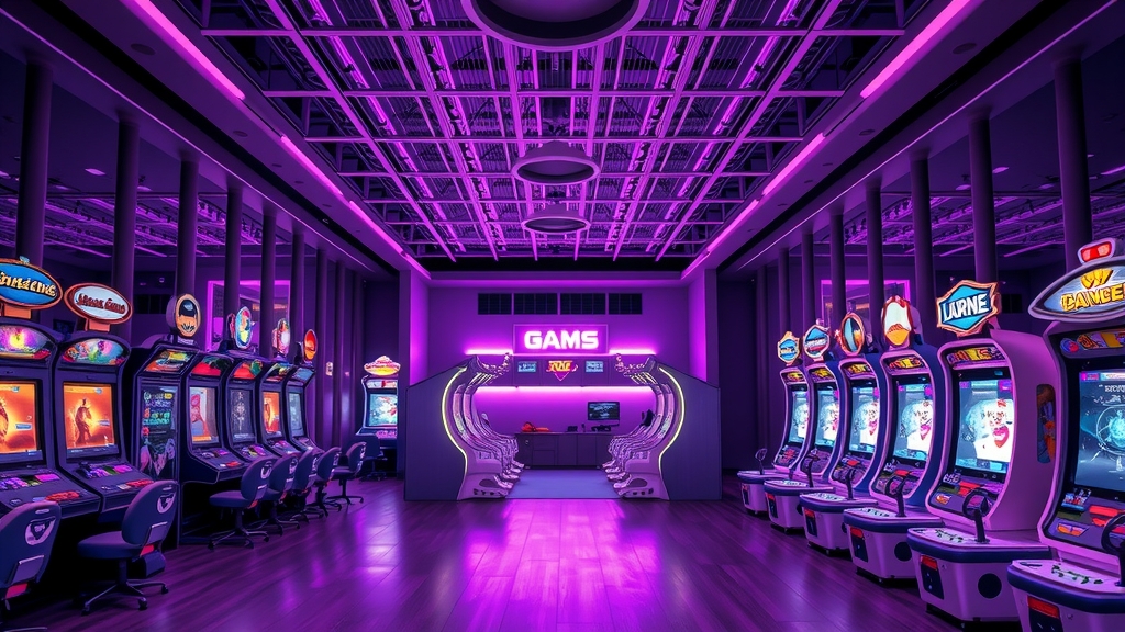 luxurious modern game center purple tone unique arcade machines digital art by Free AI Image Generator & Maker - No login required✨ | AIGAZOU