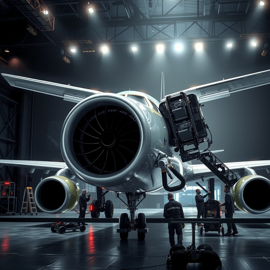 a320 aircraft maintenance hangar detached engine wings crew working digital art modern details dark background intense lighting dramatic tense atmosphere by Free AI Image Generator & Maker - No login required✨ | AIGAZOU