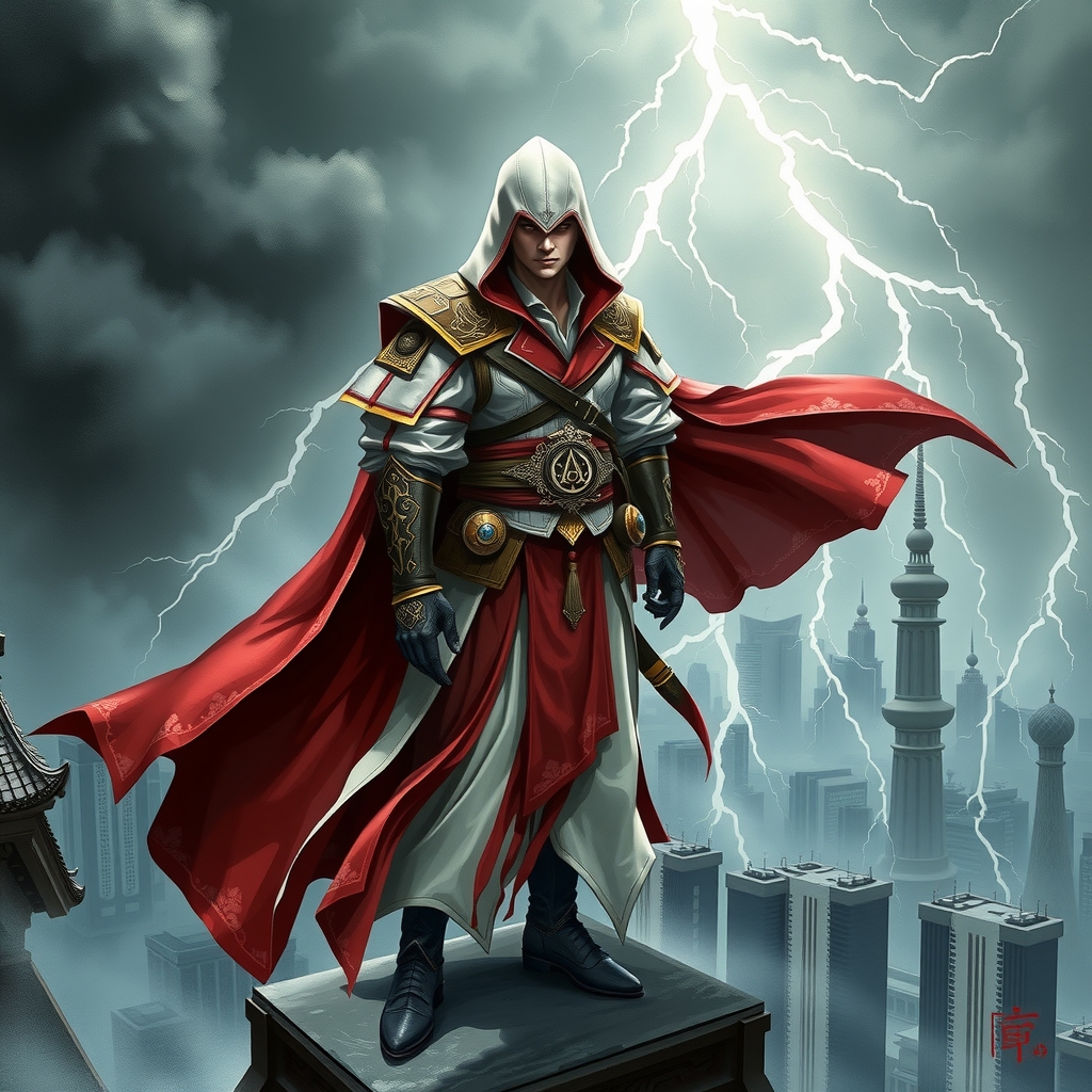 assassin on beijing building during storm in traditional modern attire by Free AI Image Generator & Maker - No login required✨ | AIGAZOU