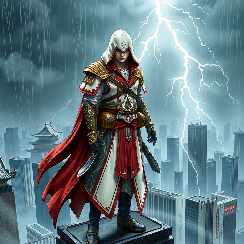 assassin on beijing building during storm in ancient chinese assassins creed attire by Free AI Image Generator & Maker - No login required✨ | AIGAZOU