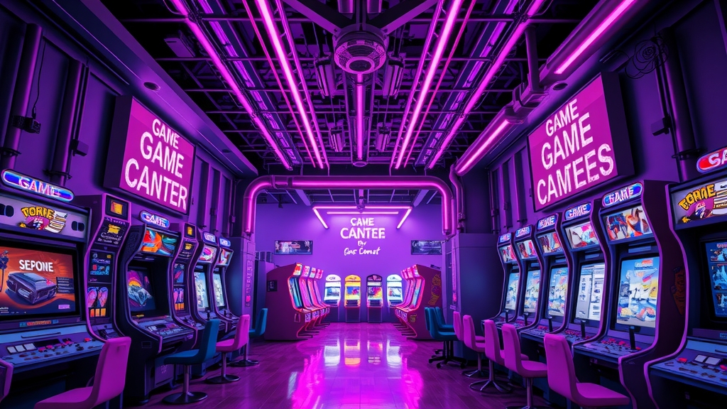 futuristic vibrant game center neon lights purple surreal dreamlike arcade machines cyberpunk aesthetics futuristic cityscapes wide angle immersive lighting shadows by Free AI Image Generator & Maker - No login required✨ | AIGAZOU