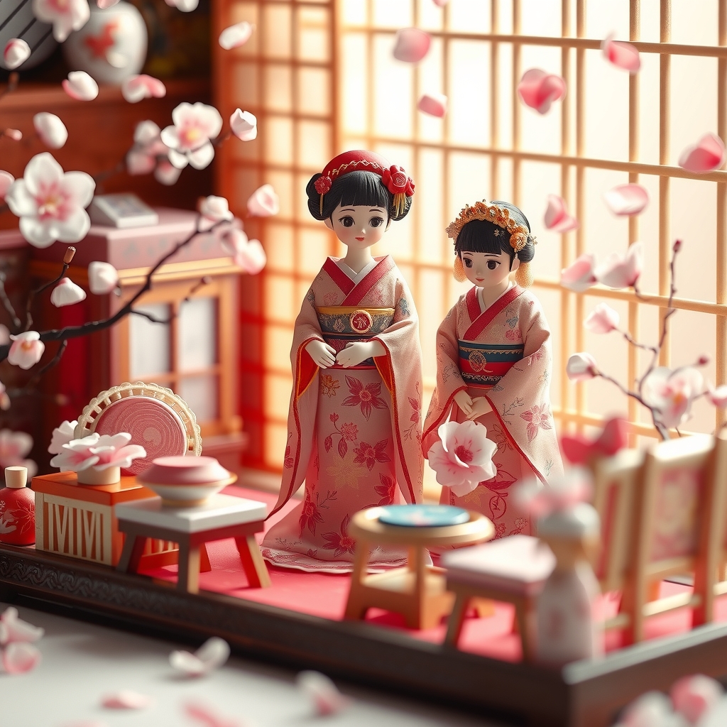traditional japanese hina matsuri doll display with kimonos miniature furniture pastel colors cherry blossoms by Free AI Image Generator & Maker - No login required✨ | AIGAZOU