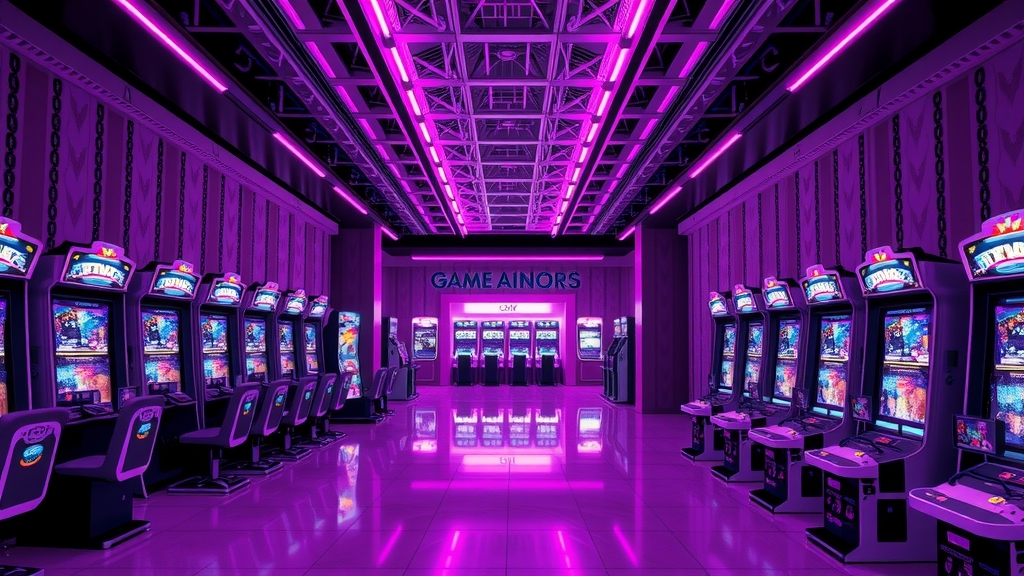 luxurious modern game center purple elegance sophistication digital art soft lighting high end atmosphere wide angle arcade machines sleek designs by Free AI Image Generator & Maker - No login required✨ | AIGAZOU