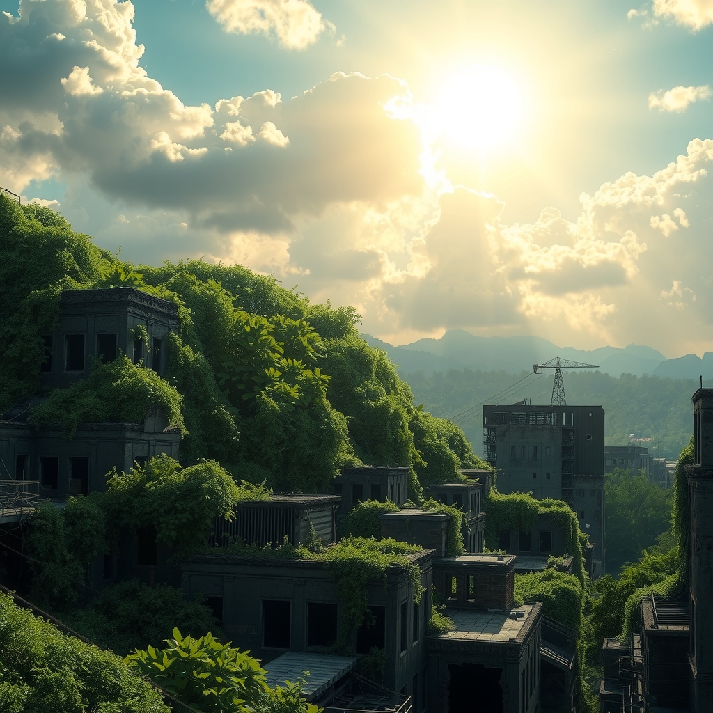 earth environment recovery lush green vegetation urban ruins hopeful sky renewal by Free AI Image Generator & Maker - No login required✨ | AIGAZOU