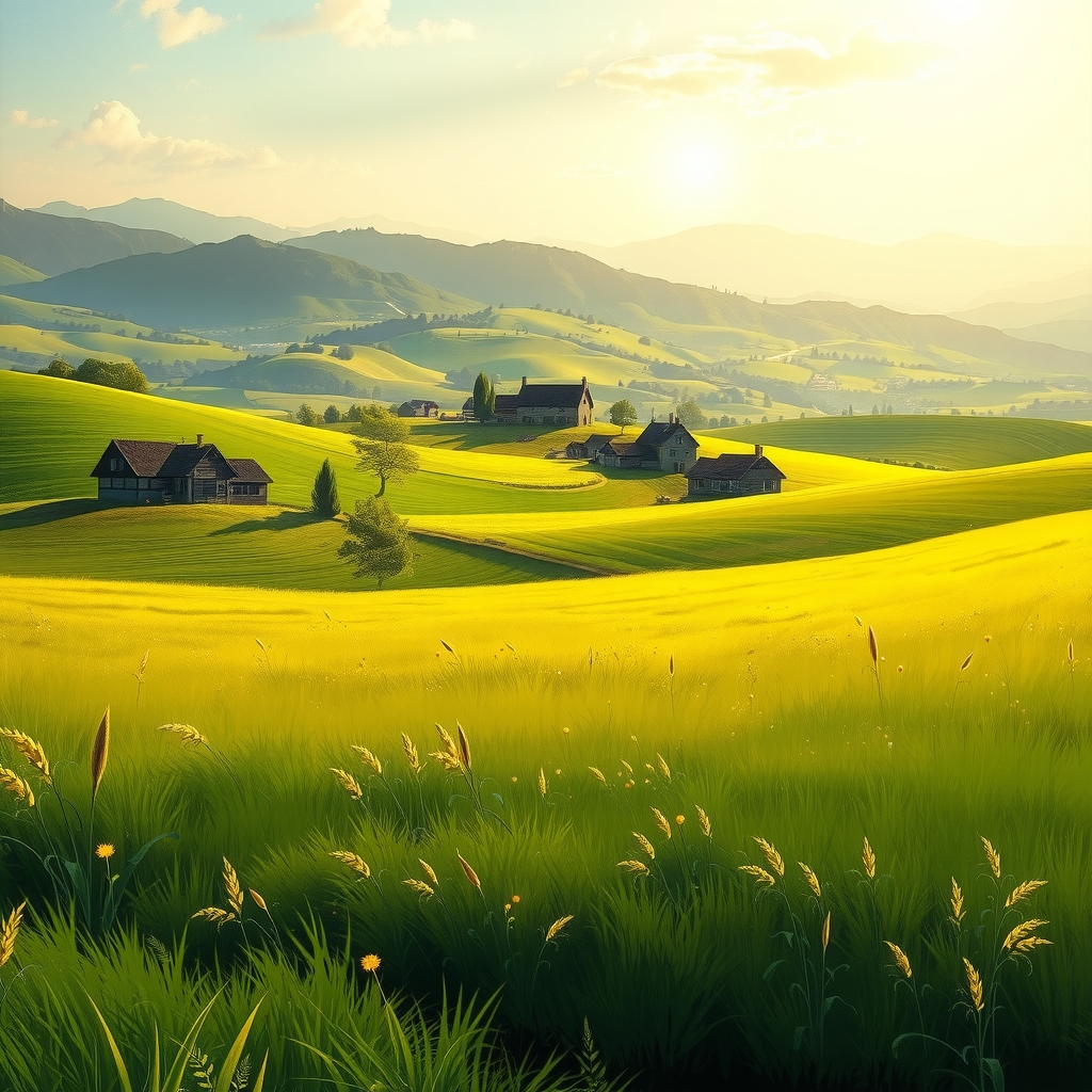 serene countryside green meadow village rolling hills mountains warm sunlight peaceful atmosphere digital art impressionist claude monet light color textures by Free AI Image Generator & Maker - No login required✨ | AIGAZOU