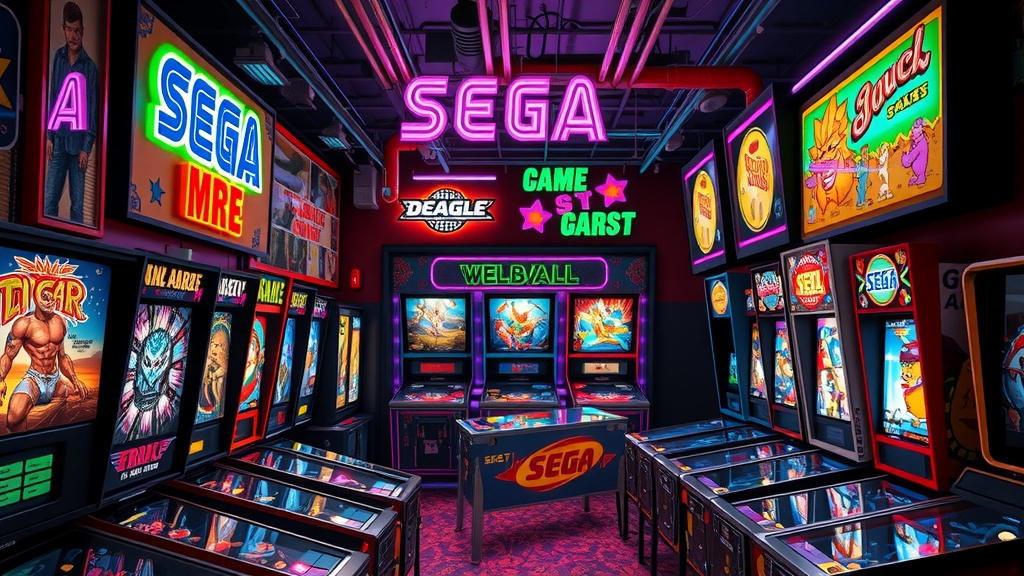 vibrant sega game center pinball machines neon lights by Free AI Image Generator & Maker - No login required✨ | AIGAZOU