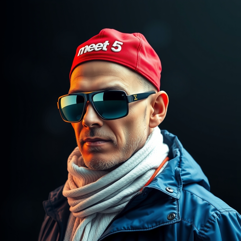 bald man in red cap white scarf blue jacket reflective sunglasses by Generador gratuito de imágenes con IA - ¡Sin necesidad de iniciar sesión✨! | AIGAZOU