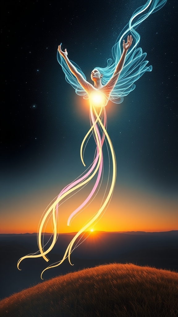 digital art feast life morning eternity dreamlike landscape dark starry sky bright horizon figure transforming wind ethereal light trails last by Free AI Image Generator & Maker - No login required✨ | AIGAZOU