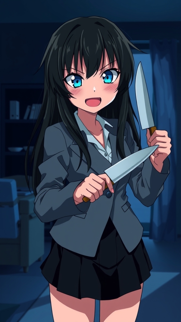 yandere girl crazed look kitchen knife apartment dusk by Free AI Image Generator & Maker - No login required✨ | AIGAZOU