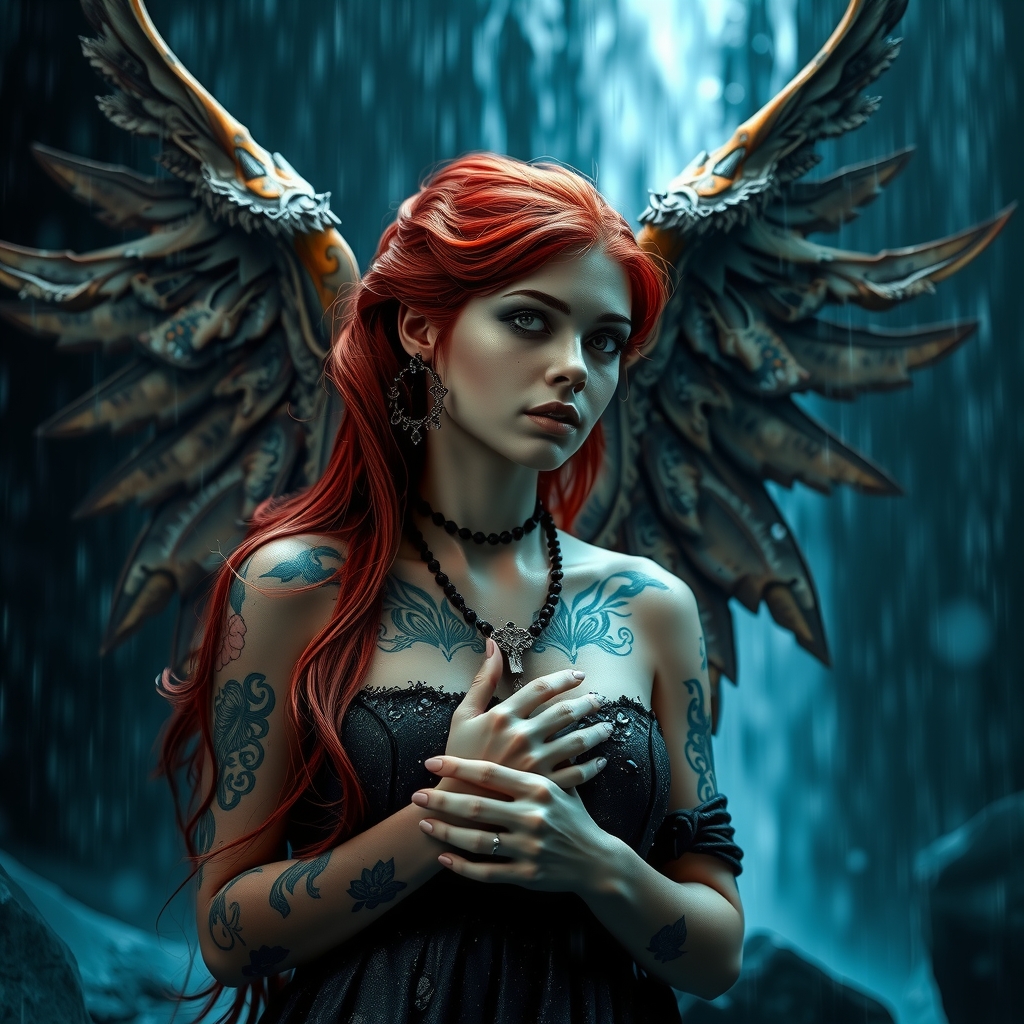 gothic angel red hair tattoos freckles hellish atmosphere waterfall heavy rain fauvism blue palette dramatic light shadow rosary water droplets by Generatore di immagini AI gratuito - Nessuna registrazione richiesta✨ | AIGAZOU
