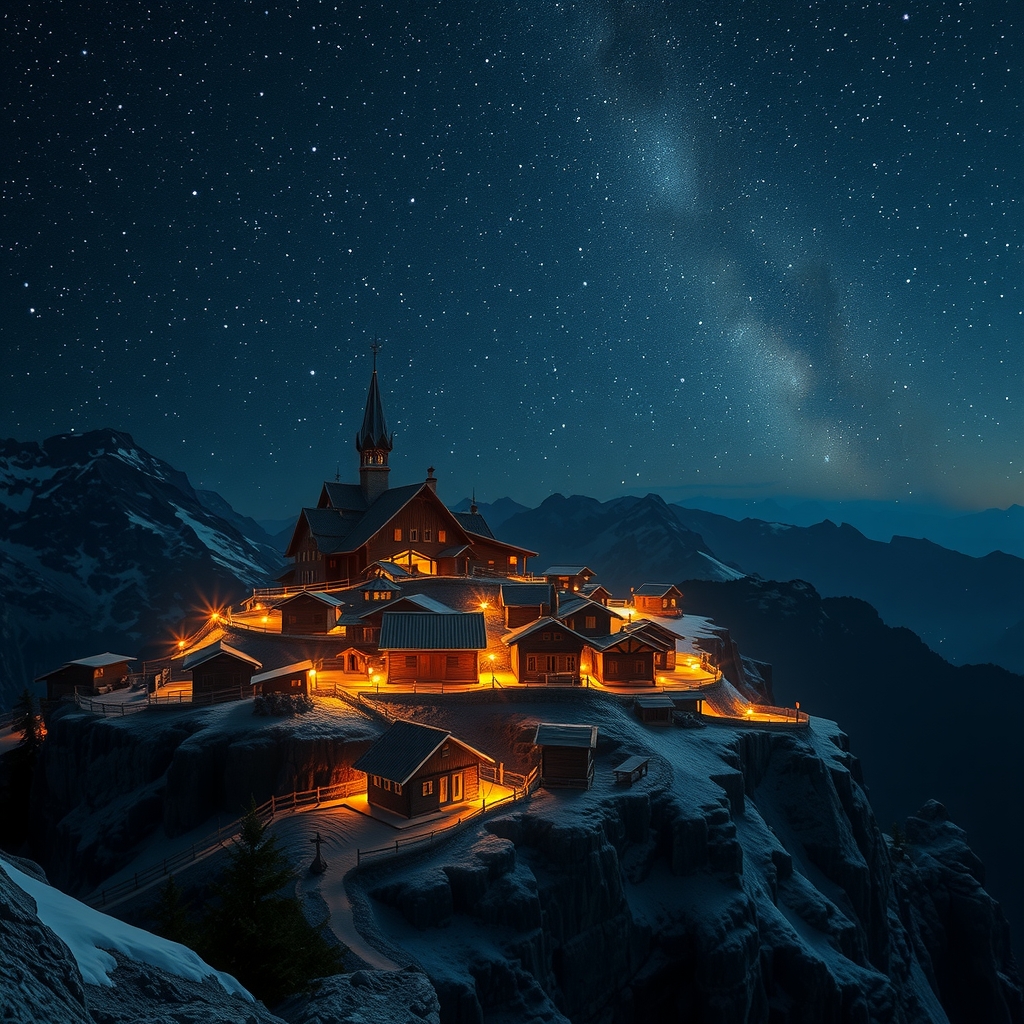 high mountain village night cottages starry sky magic by Free AI Image Generator & Maker - No login required✨ | AIGAZOU