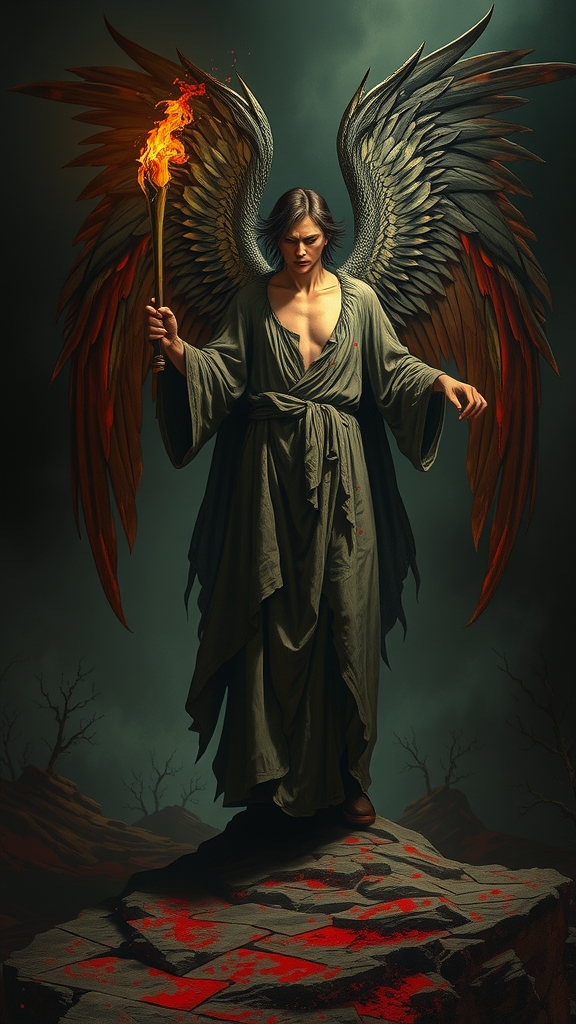 dramatic angel torn shirt bloodstains torch knife dark landscape romanticism symbolism william blake francisco goya red black by Free AI Image Generator & Maker - No login required✨ | AIGAZOU