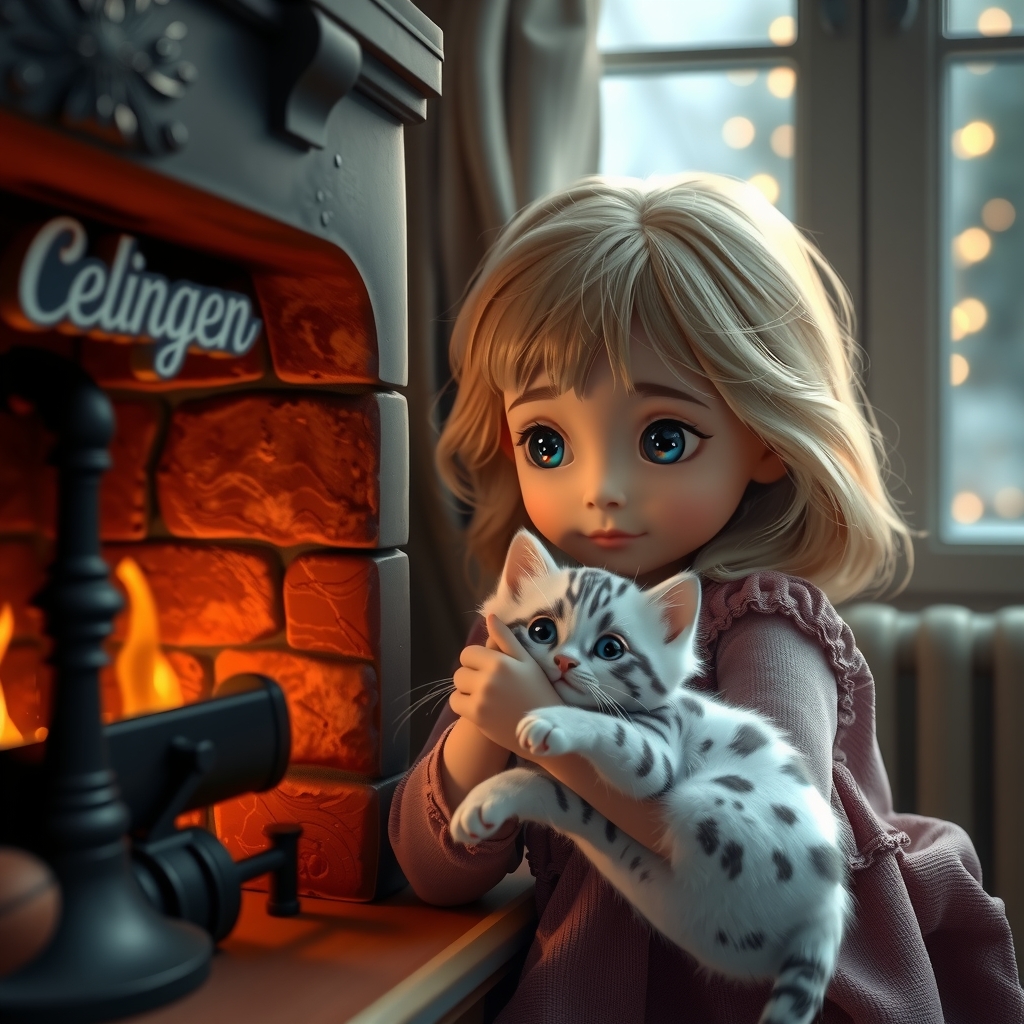 3d digital art magical evening girl kitten fireplace window by Free AI Image Generator & Maker - No login required✨ | AIGAZOU