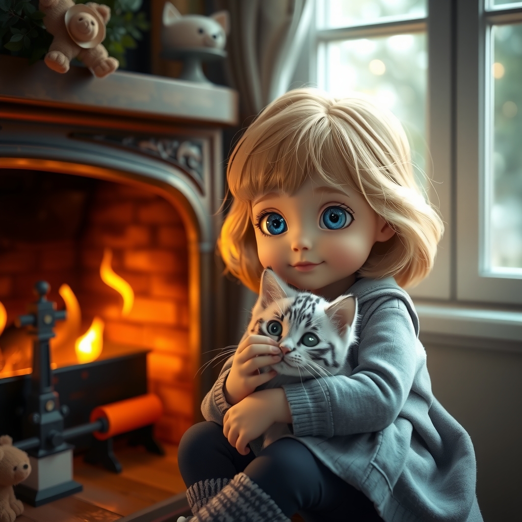 3d digital art portrait little girl big blue eyes blonde hair sitting fireplace window petting white spotted kitten warm glow by Generatore di immagini AI gratuito - Nessuna registrazione richiesta✨ | AIGAZOU
