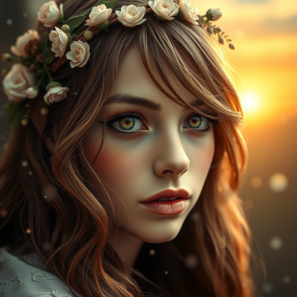 mystical woman chestnut hair floral hairband amber eyes fairy dust rain droplets dreamy scene by Free AI Image Generator & Maker - No login required✨ | AIGAZOU
