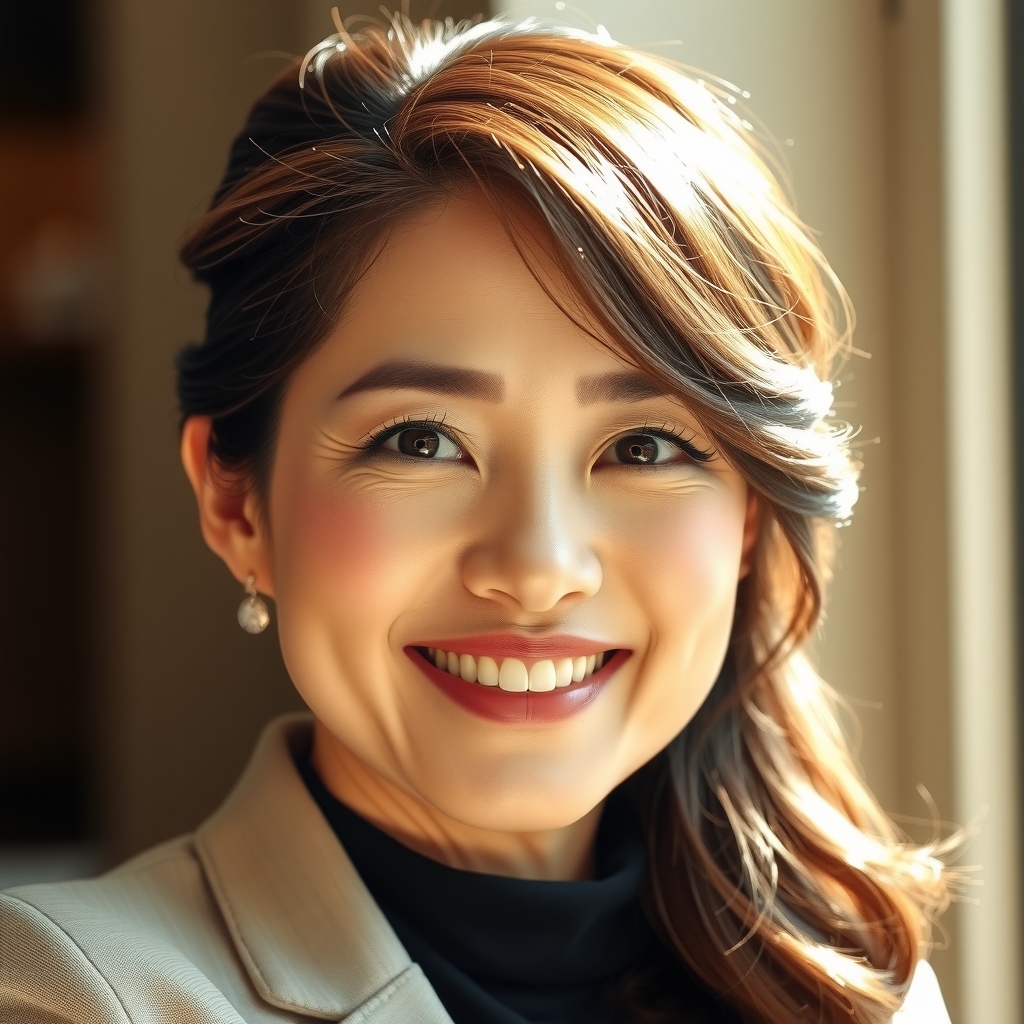 beautiful middle aged korean woman warm smile permed brown hair natural light digital art elegance modern sophistication expressive eyes radiant by Free AI Image Generator & Maker - No login required✨ | AIGAZOU