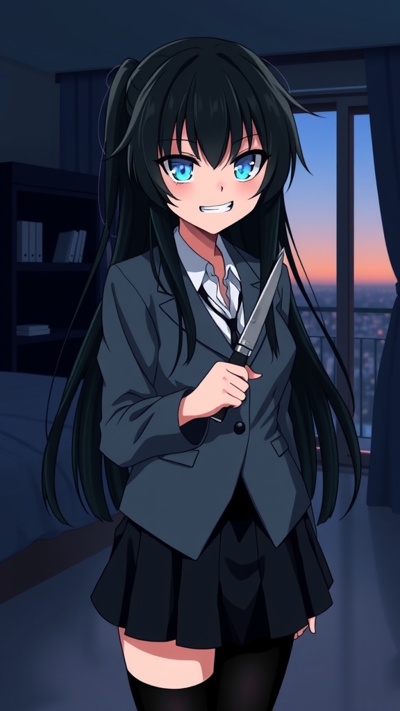 anime yandere character black hair blue eyes blazer miniskirt knife dusk apartment by Free AI Image Generator & Maker - No login required✨ | AIGAZOU