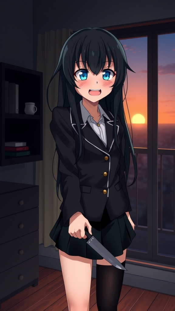 yandere girl crazed look kitchen knife apartment dusk by Free AI Image Generator & Maker - No login required✨ | AIGAZOU