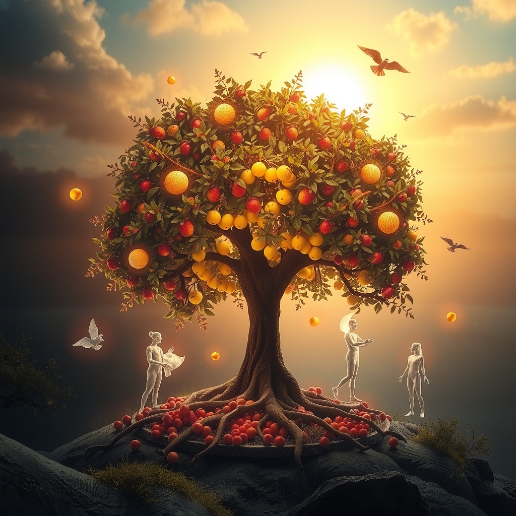 symbolic surreal art life desire tree fruits glow orbs ethereal figures dawn vibrant colors dreamlike atmosphere by Free AI Image Generator & Maker - No login required✨ | AIGAZOU