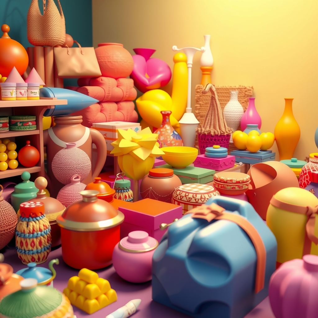 vibrant 3d digital art colorful goods balanced composition by Free AI Image Generator & Maker - No login required✨ | AIGAZOU