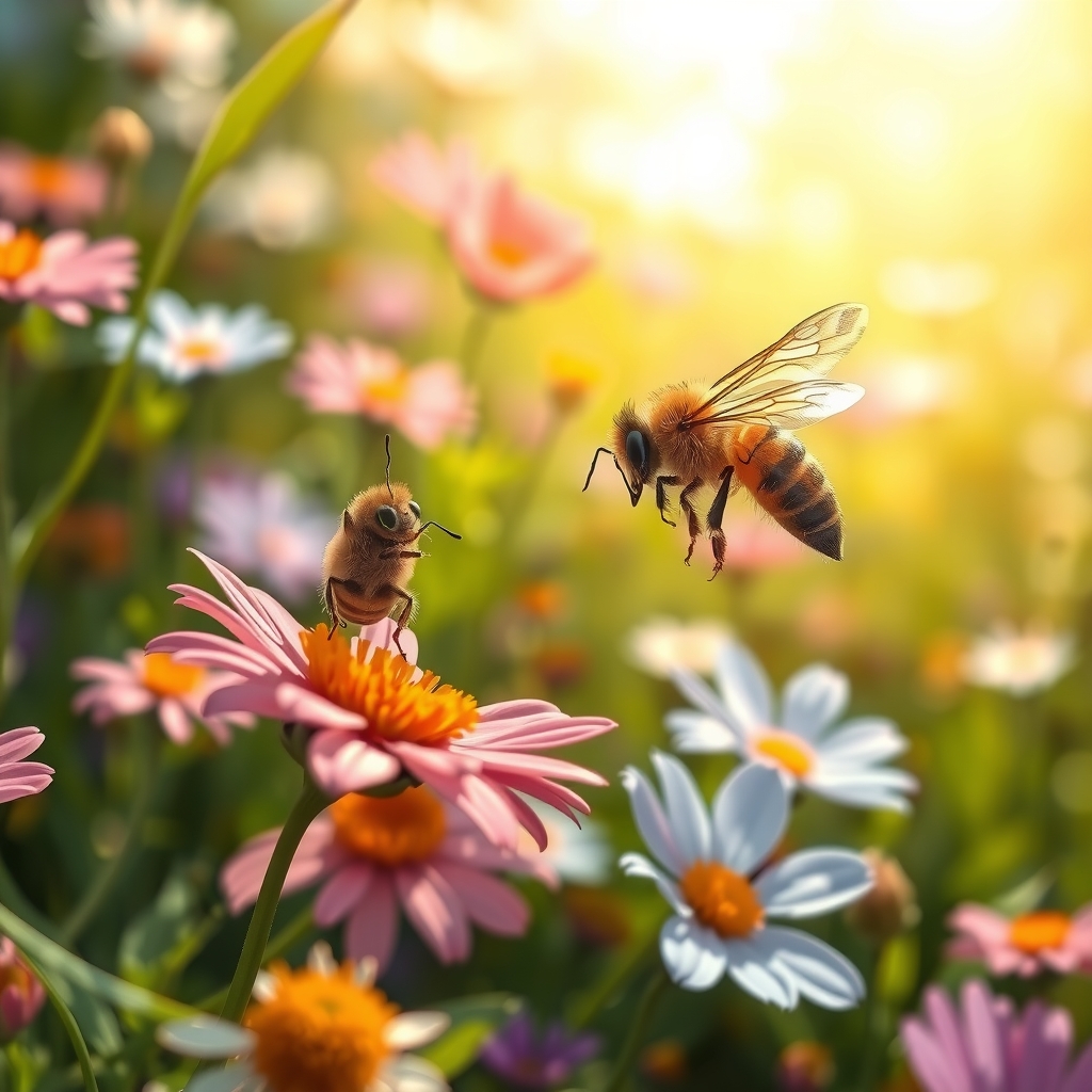 playful bee sunlit meadow digital art by Free AI Image Generator & Maker - No login required✨ | AIGAZOU