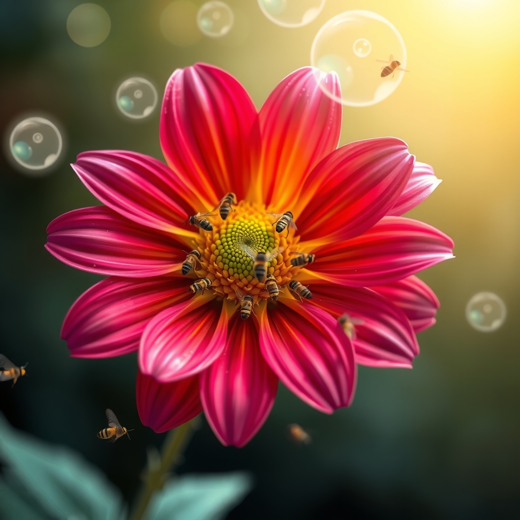 3d digital art portrait vibrant flower intricate details tiny bees motion long exposure mesmerizing light trails softly blurred bokeh background by Free AI Image Generator & Maker - No login required✨ | AIGAZOU
