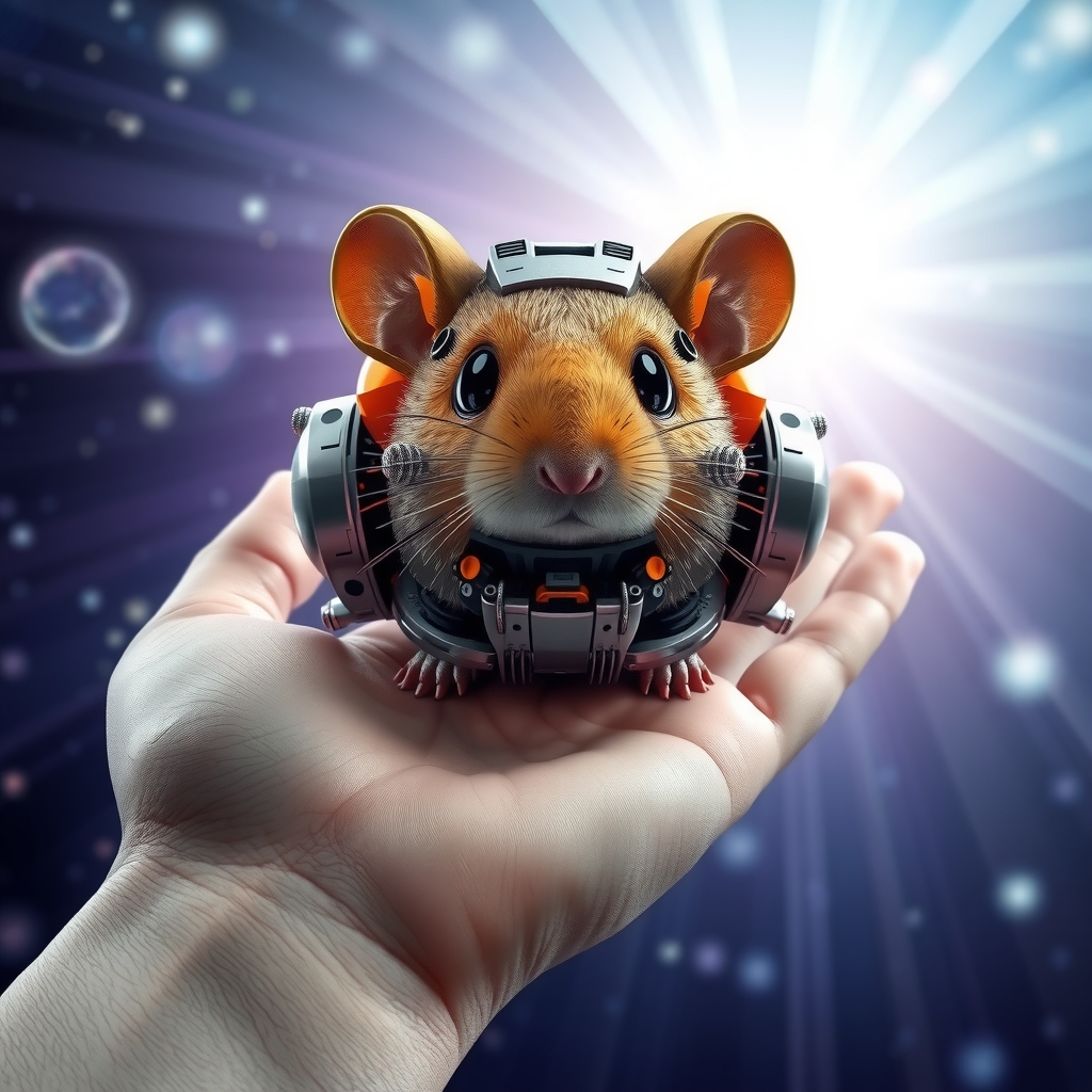 futuristic mechanical hamster on palm cosmic background by Free AI Image Generator & Maker - No login required✨ | AIGAZOU