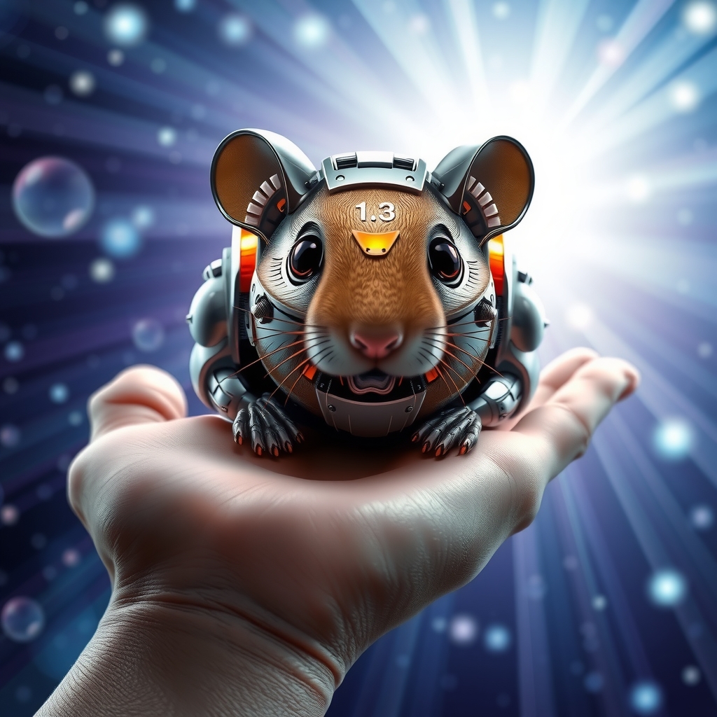 metallic robotic hamster on palm futuristic cosmic background by Free AI Image Generator & Maker - No login required✨ | AIGAZOU