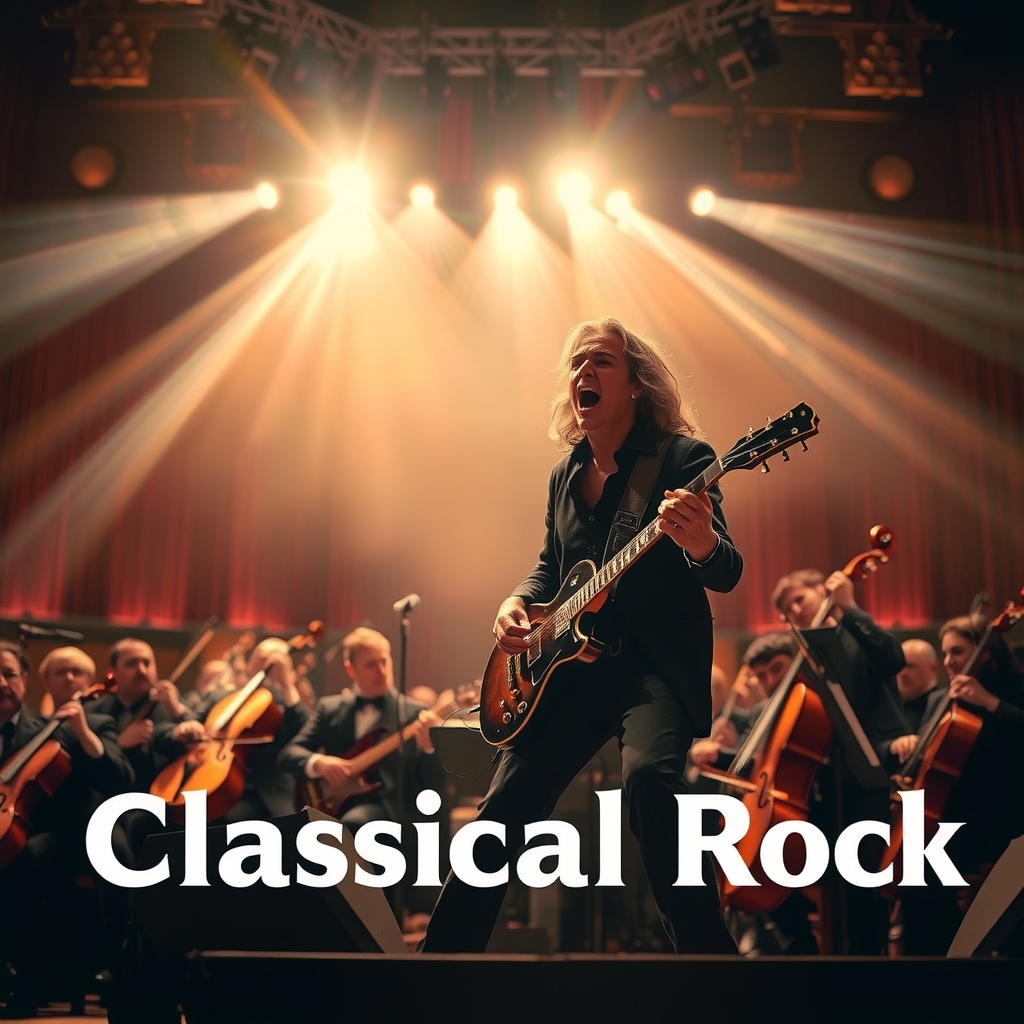 photorealistic image orchestra rock singer classical rock album cover grand concert hall dramatic lighting warm tones dynamic composition musical fusion by Free AI Image Generator & Maker - No login required✨ | AIGAZOU