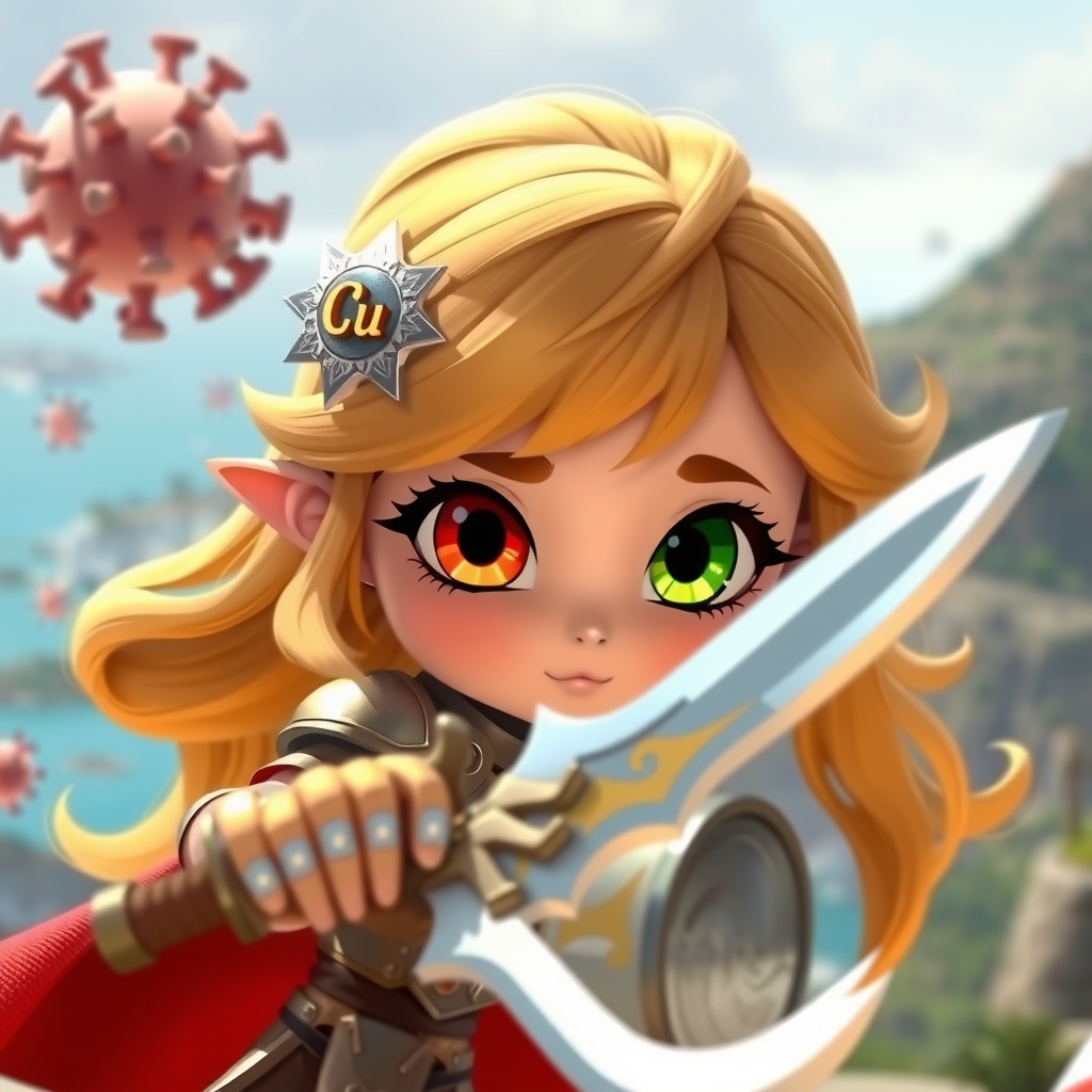 a girl in bronze armor with gradient eyes and long wavy blonde hair defeats viruses with a sword by Free AI Image Generator & Maker - No login required✨ | AIGAZOU