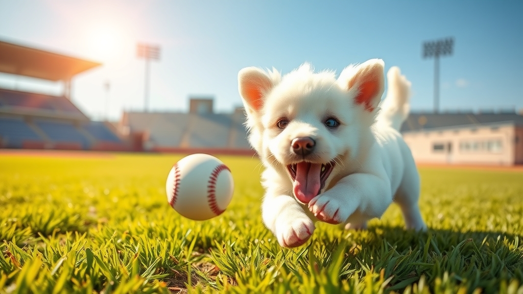 white puppy playing baseball sunny day by Free AI Image Generator & Maker - No login required✨ | AIGAZOU