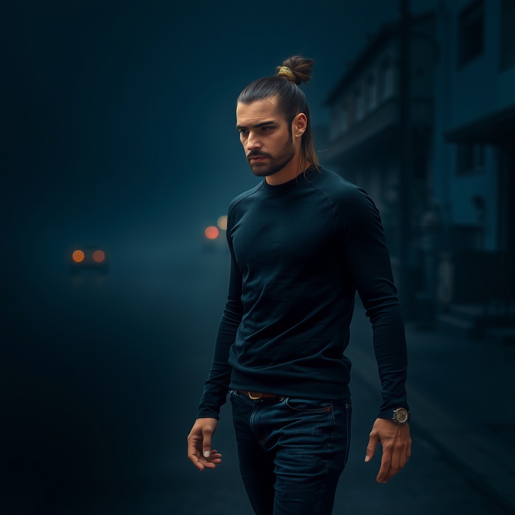 realistic image of man with long hair in bun wearing black long sleeve shirt and skinny jeans walking down dark by Free AI Image Generator & Maker - No login required✨ | AIGAZOU