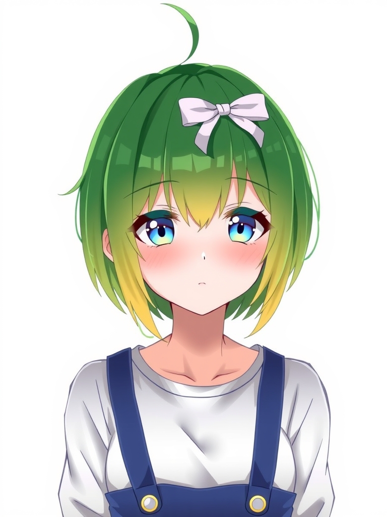 green hair medium short bangs odd eyes white ribbon blue skirt by Free AI Image Generator & Maker - No login required✨ | AIGAZOU