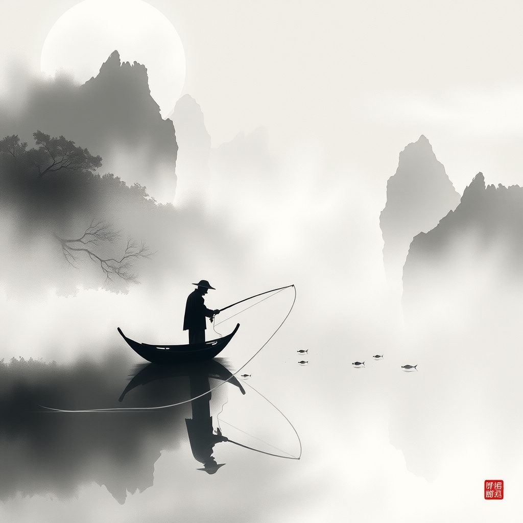 serene fishing scene chinese ink wash painting by Free AI Image Generator & Maker - No login required✨ | AIGAZOU