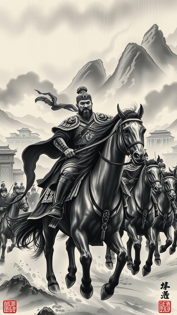 li shimin leads troops jinyang uprising ink wash painting by Free AI Image Generator & Maker - No login required✨ | AIGAZOU