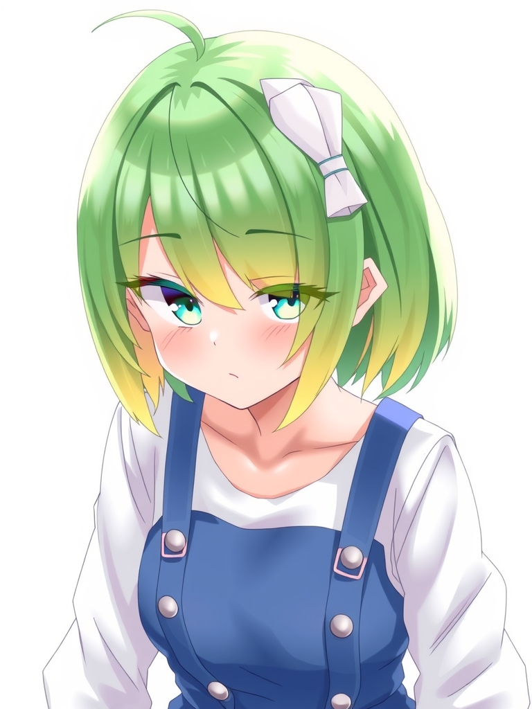 green hair medium short bangs odd eyes white ribbon blue skirt by Free AI Image Generator & Maker - No login required✨ | AIGAZOU