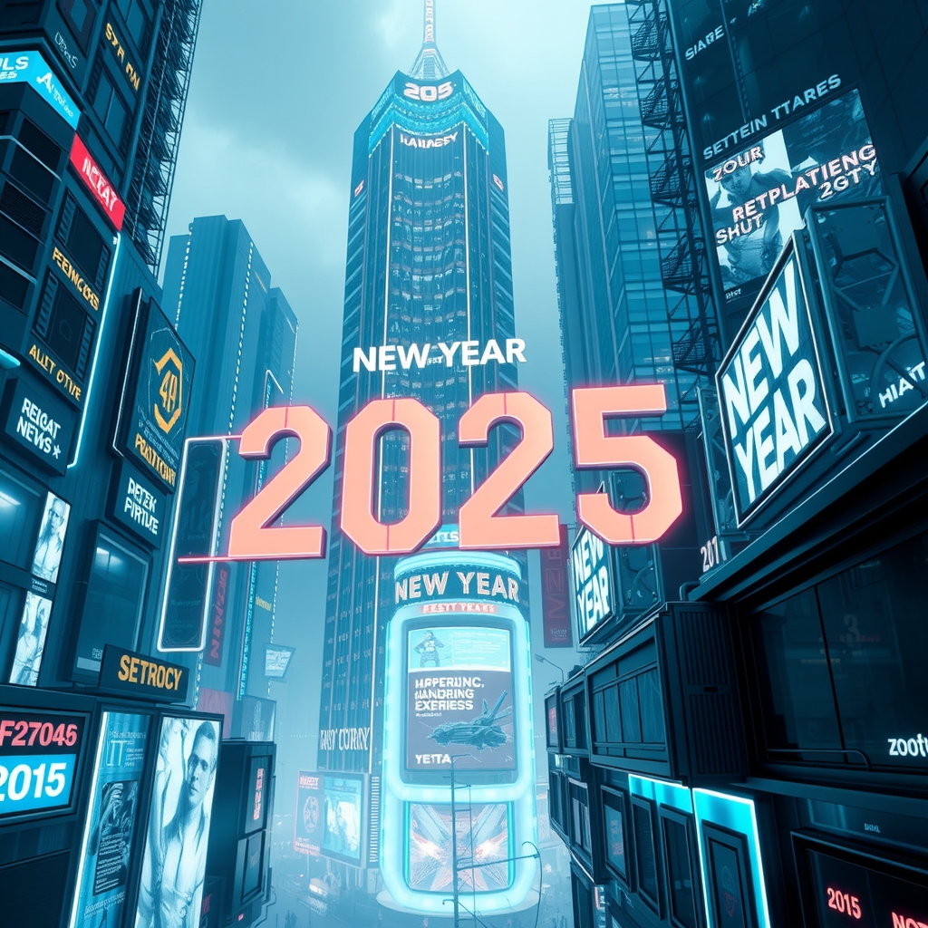 futuristic new year 2025 high tech metropolis neon lights holographic displays cyberpunk city blue silver dynamic lighting advanced technology innovation by Free AI Image Generator & Maker - No login required✨ | AIGAZOU