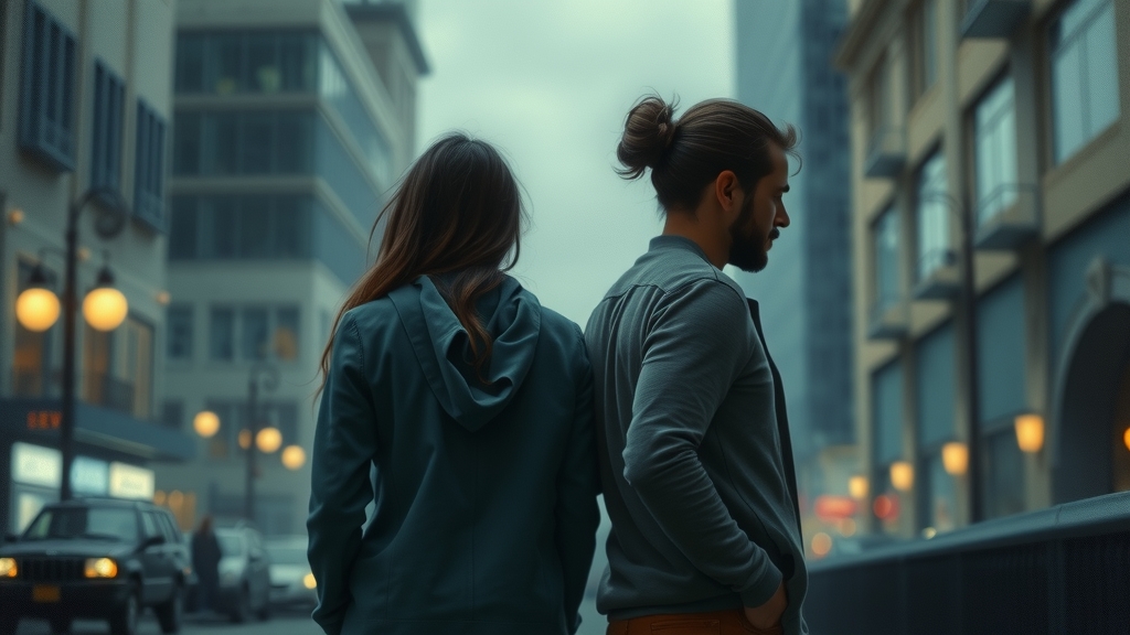 couple back to back breakup oil painting edward hopper melancholic light blue gray sadness urban background emotional separation sorrow finality by Free AI Image Generator & Maker - No login required✨ | AIGAZOU