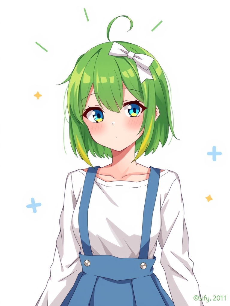 green hair medium short bangs odd eyes white ribbon blue skirt by Free AI Image Generator & Maker - No login required✨ | AIGAZOU