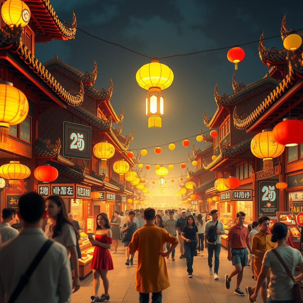 3d night market golden red lanterns chinese paintings traditional architecture vibrant colors warm atmosphere central figure glow lantern dynamic background by Free AI Image Generator & Maker - No login required✨ | AIGAZOU