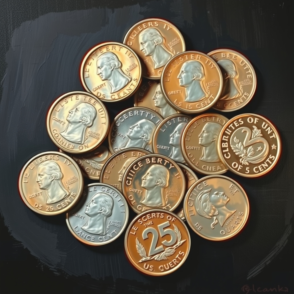 realistic oil painting of 25 cent us quarters in circular pattern by Free AI Image Generator & Maker - No login required✨ | AIGAZOU