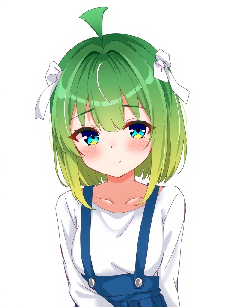 green hair medium length odd eyes white ribbon blue skirt by Free AI Image Generator & Maker - No login required✨ | AIGAZOU