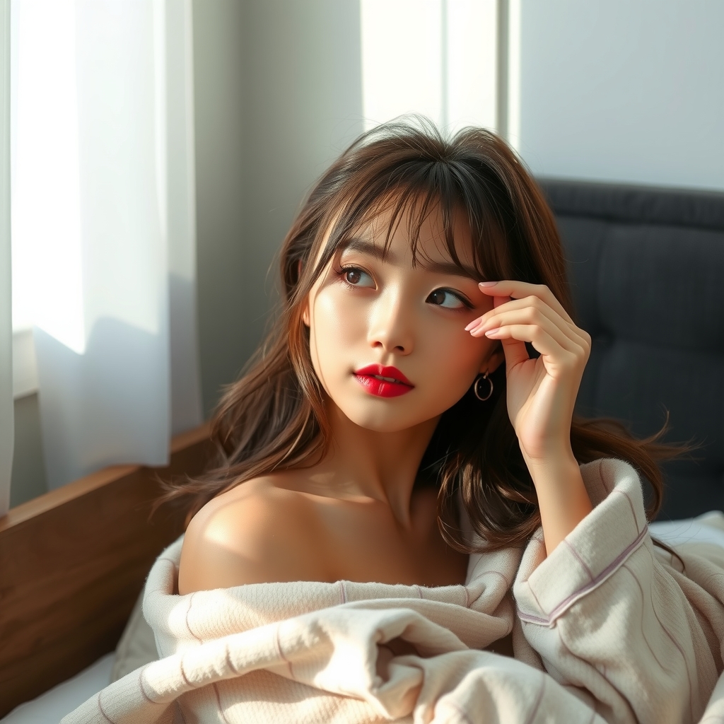 18 year old korean woman waking up in bed by Free AI Image Generator & Maker - No login required✨ | AIGAZOU