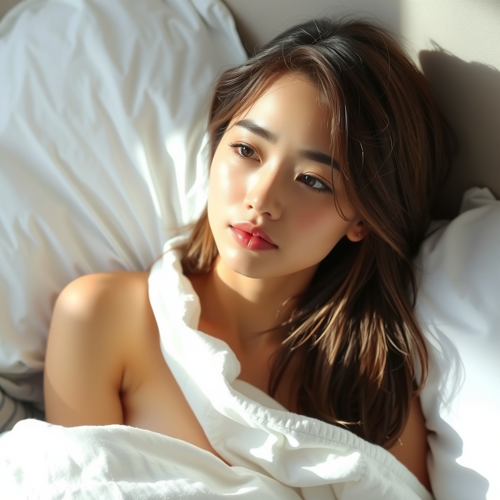 18 year old korean french woman wakes up in bed by Free AI Image Generator & Maker - No login required✨ | AIGAZOU