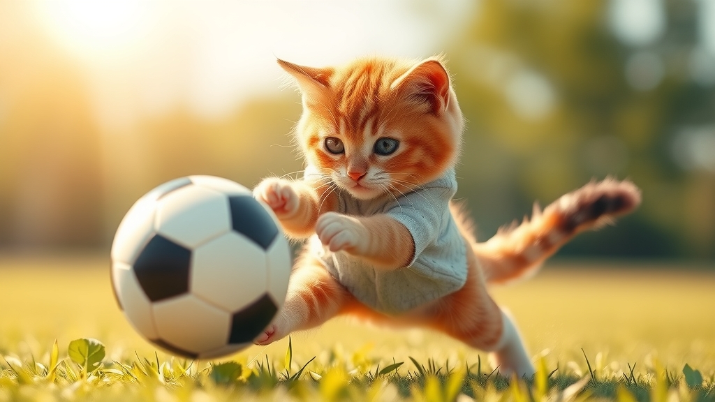 cute cat playing soccer kicking ball vibrant digital art by Free AI Image Generator & Maker - No login required✨ | AIGAZOU