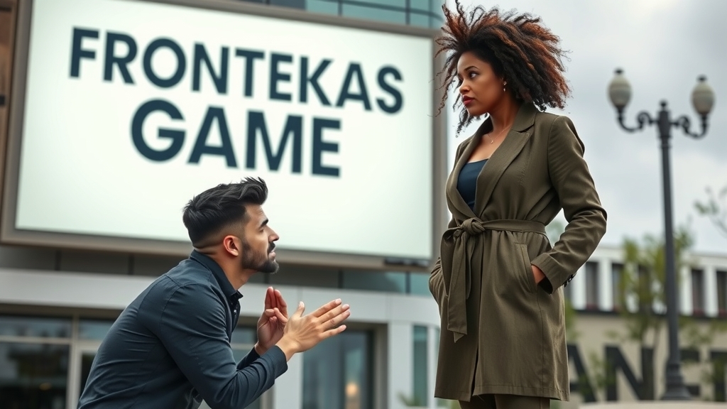 young man kneeling begging mocking african american woman modern voice billboard frontekas game by Free AI Image Generator & Maker - No login required✨ | AIGAZOU