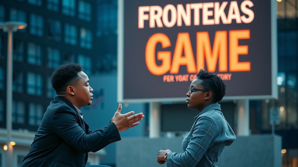 young man kneeling begging mocking african american woman frontekas game billboard by Free AI Image Generator & Maker - No login required✨ | AIGAZOU